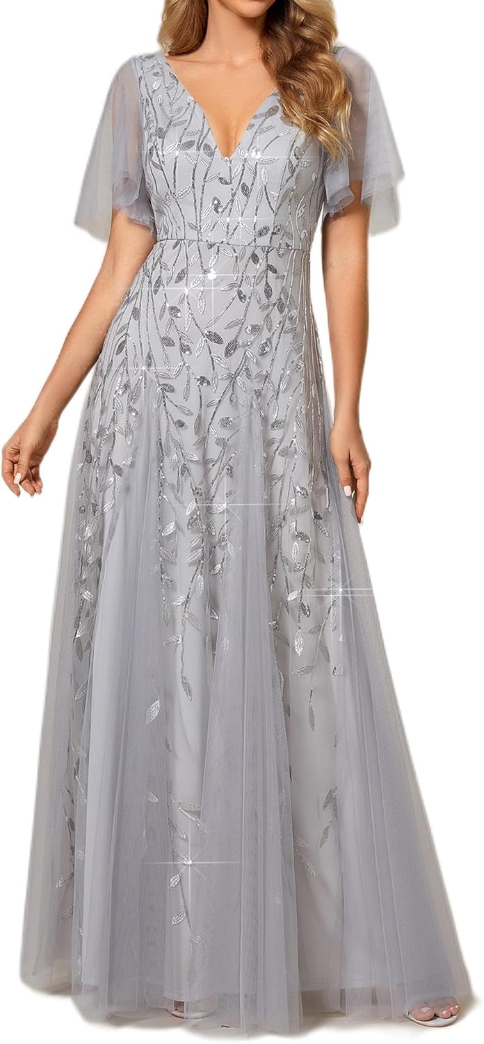 Ever-Pretty Women's Sequin Sparkly V-Neck A-Line Evening Dress