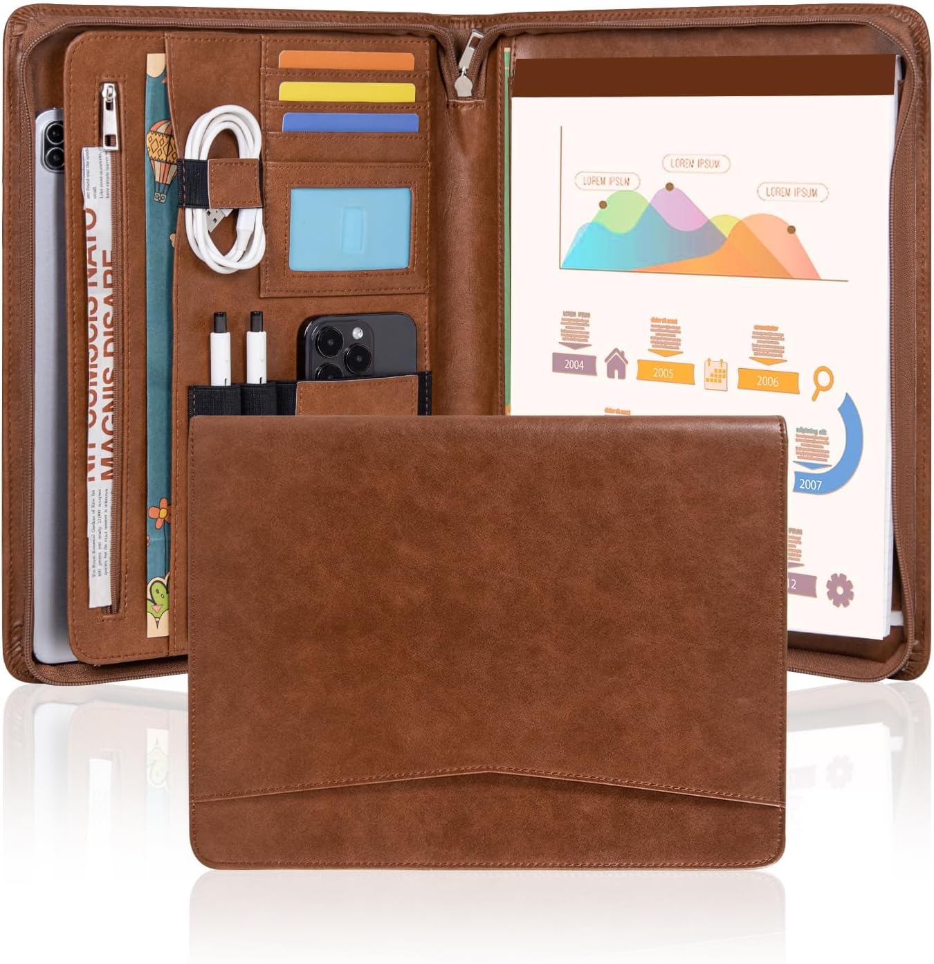 Calfinder Leather Padfolio with Zipper for Professionals and Students