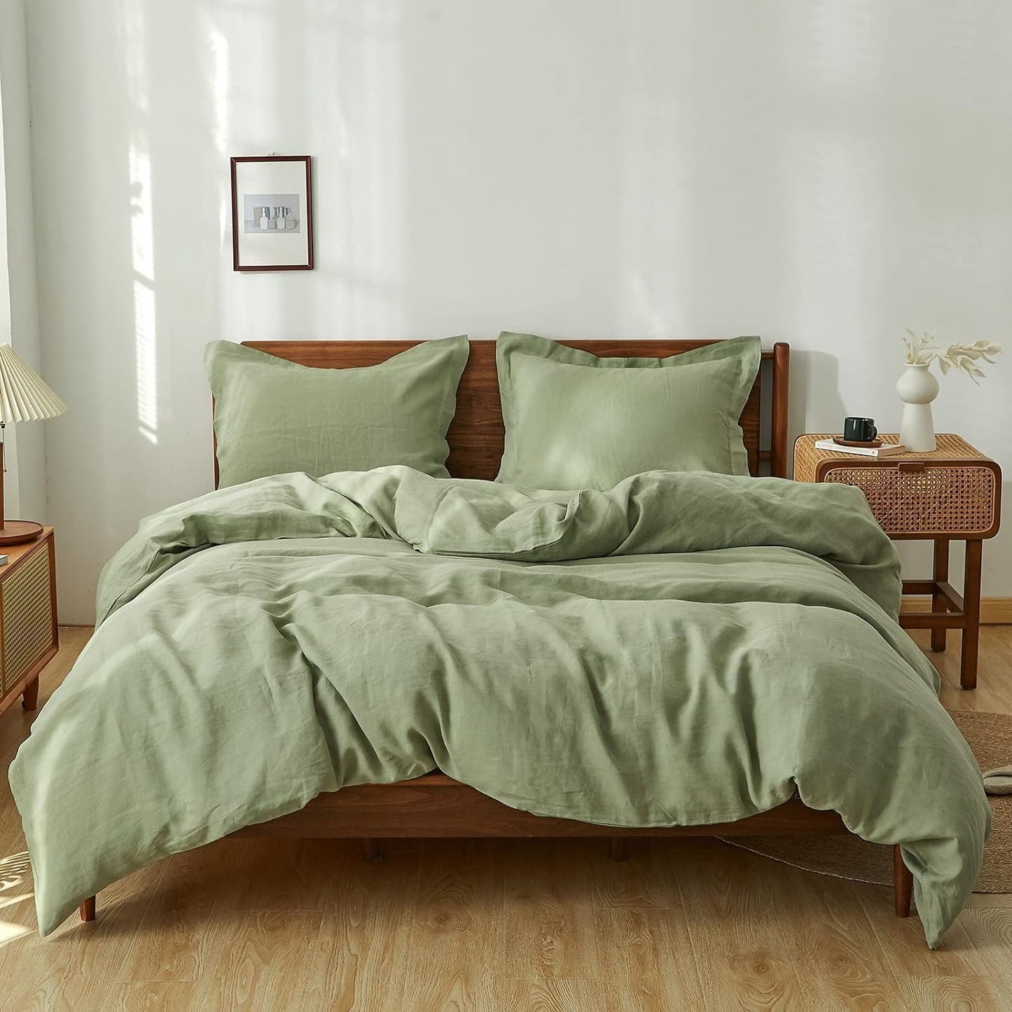 100% Linen Duvet Cover Set in Sage Green for Queen Size Beds