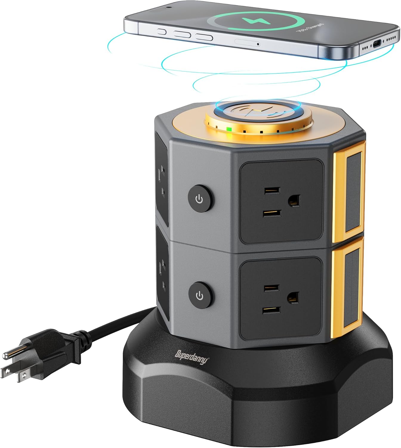 SUPERDANNY Power Strip Tower with Wireless Charger and USB Ports