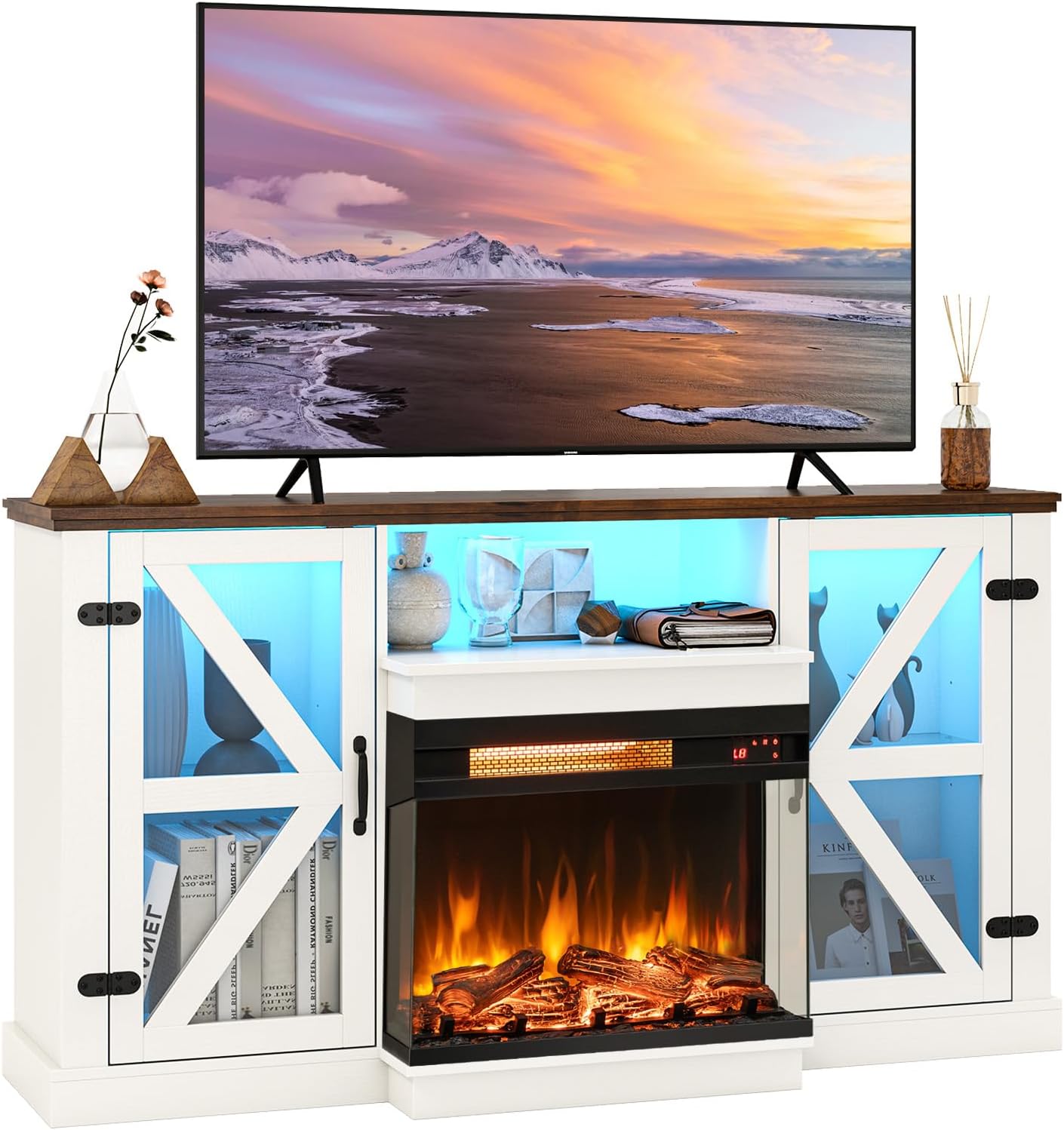 Tangkula 58 Electric Fireplace TV Stand: 23 Glass Fire, 20 LED Lights