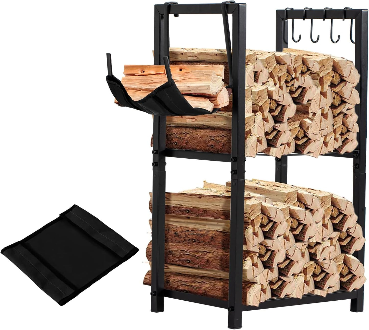 Indoor Firewood Rack with Kindling Hooks & Mat for Storage