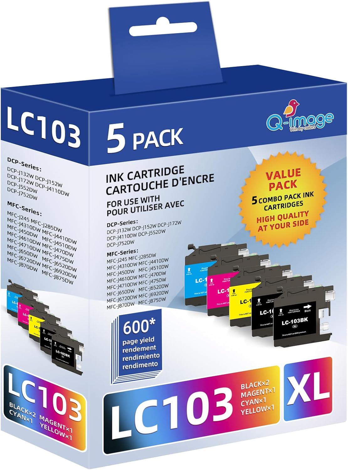 High Yield LC103XL Ink Cartridges for Brother - 5 Pack