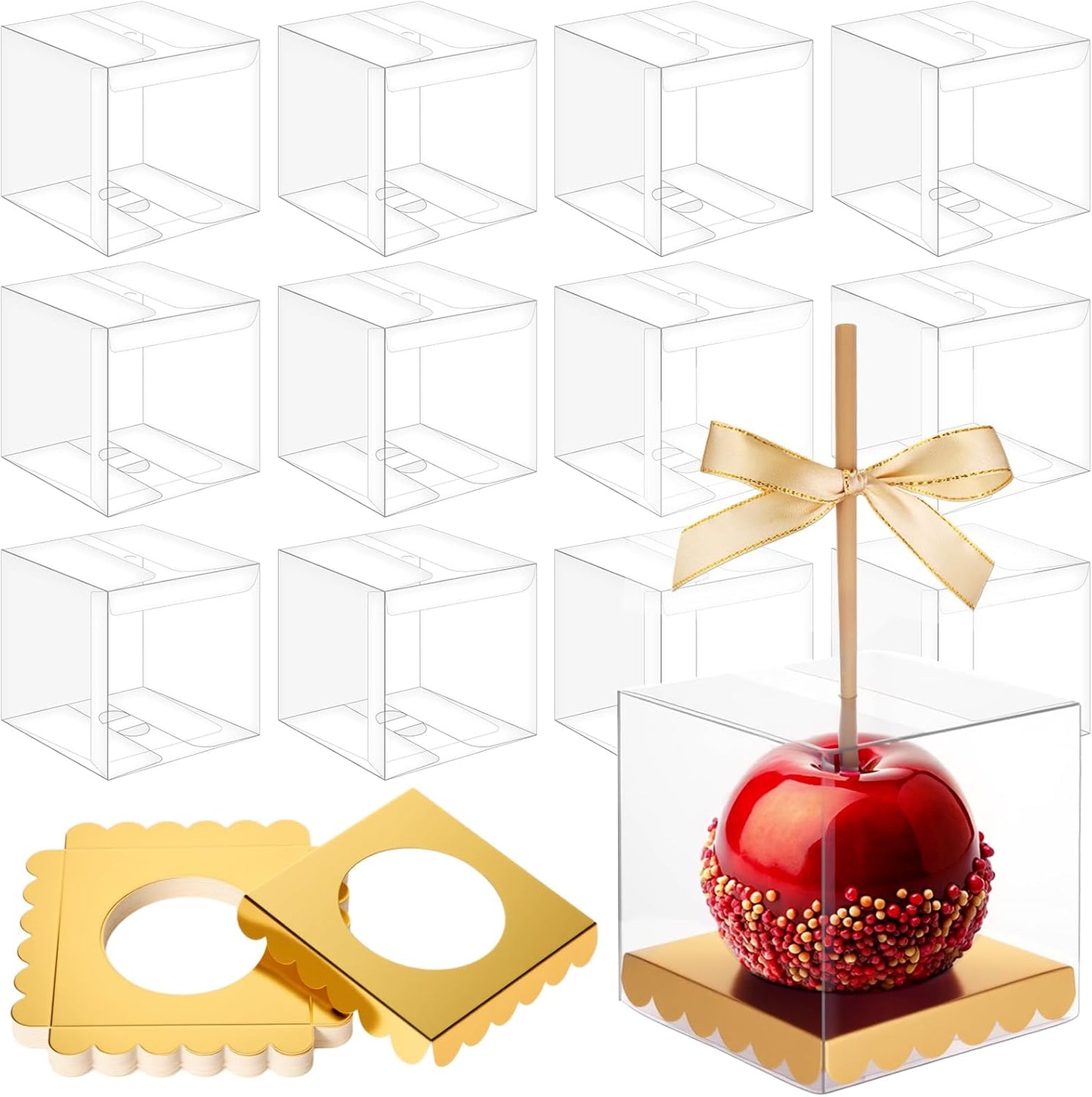 Weysat Candy Apple Boxes - 100 Pcs Clear Gold Gift Boxes