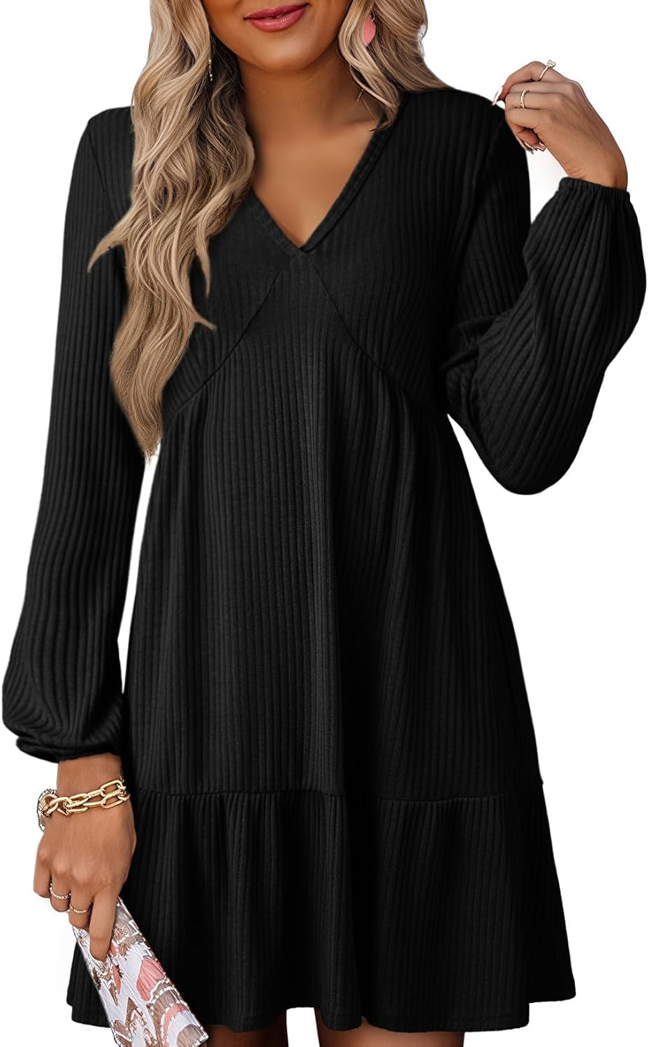 Dokotoo Fall Dresses for Women 2025 Long Sleeve V Neck Mini Dress