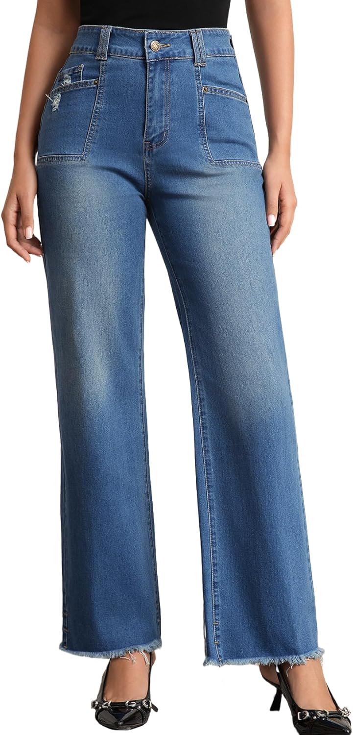 Wide Leg Jeans for Women with Mid High Waist and Raw Hem