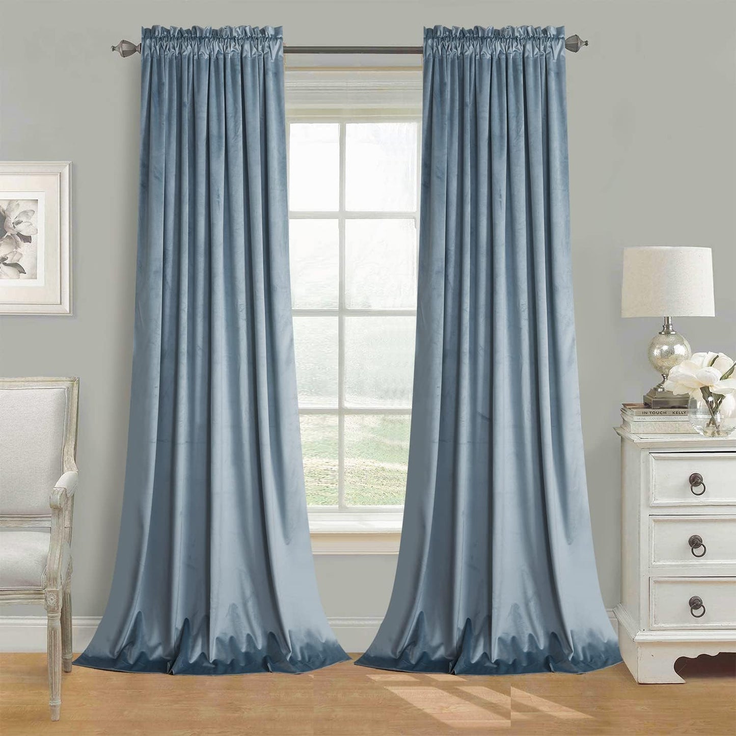 Roslynwood Stone Blue Velvet Curtains for Room Darkening