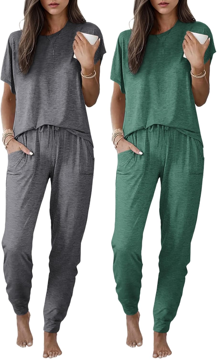 Ekouaer 2 Pack Pajama Sets for Women with Jogger Pants