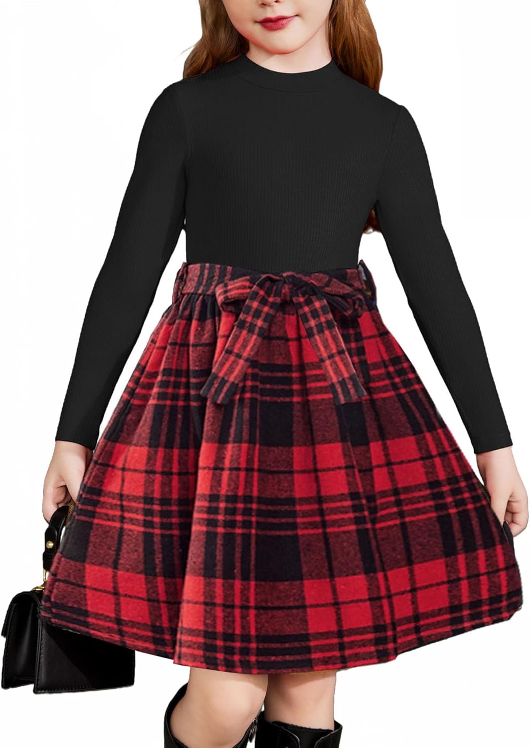 Arshiner Girls Dresses Long Sleeve Rib Knit Plaid Dress with Pockets