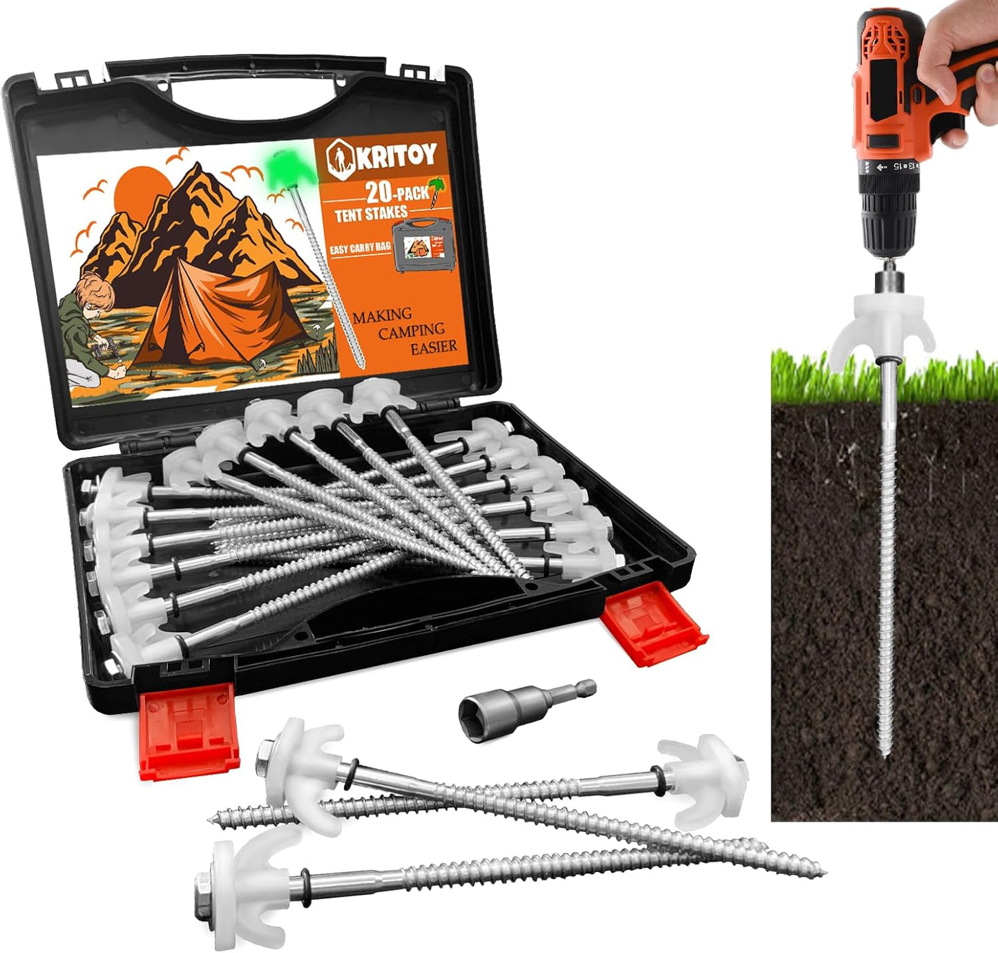 20 Pack Heavy Duty Tent Stakes with Glow in The Dark Heads