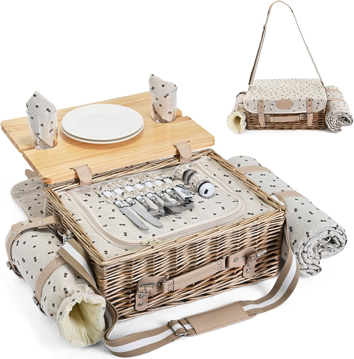 Multifunctional Wicker Picnic Basket Set for 2 with Blanket