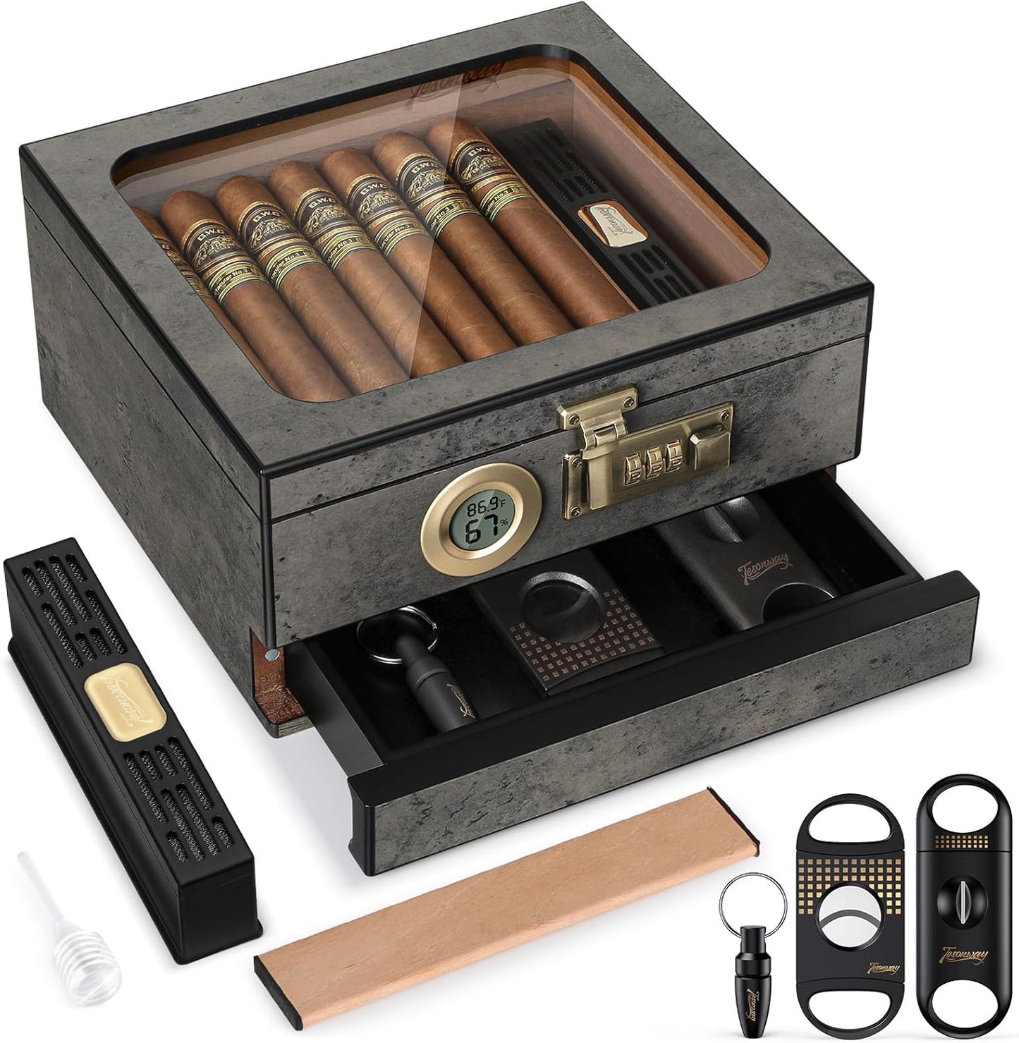 Cedar Wood Cigar Humidor with Glass Top and Digital Hygrometer