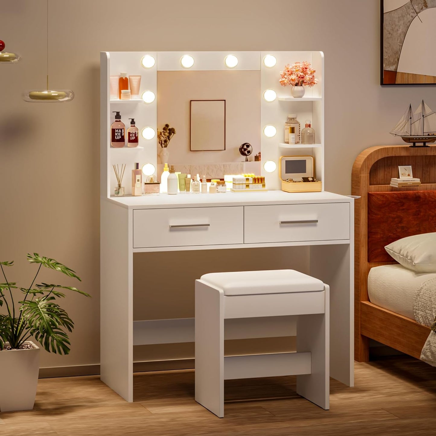YESHOMY Vanity Desk with Mirror and Adjustable Bulb for Beauty