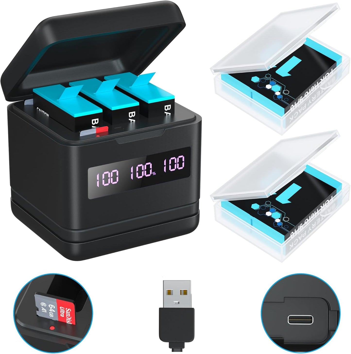 2 Pack 2000mAh Batteries for Hero 9/10/11/12 with Charger