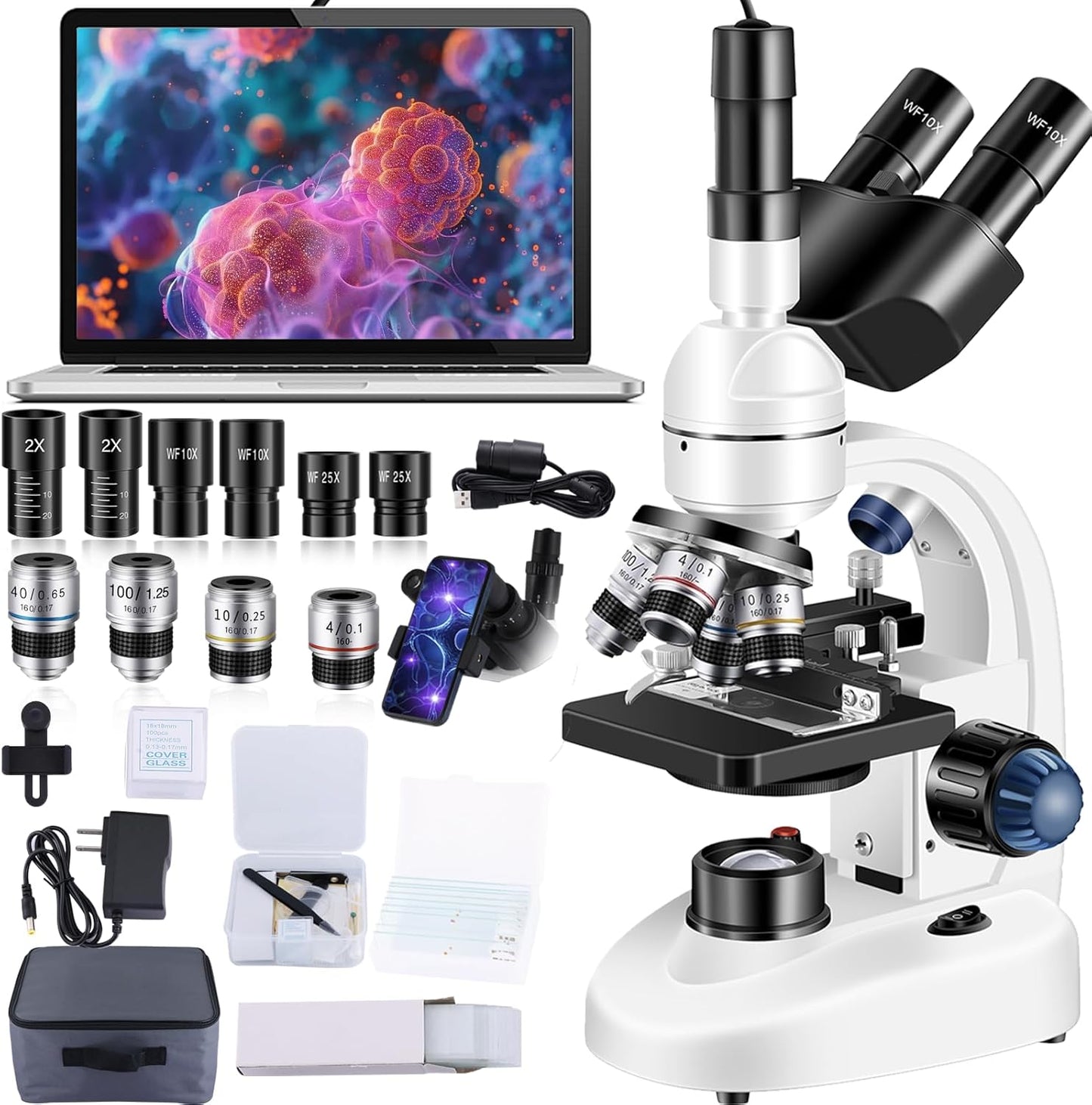 Trinocular Microscope with WF10x and WF25x Eyepieces for Labs