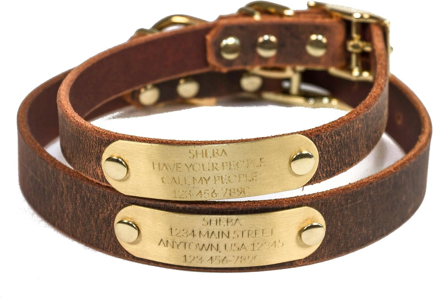 Handmade Personalized Bridle Leather Dog Collar with Brass Nameplate