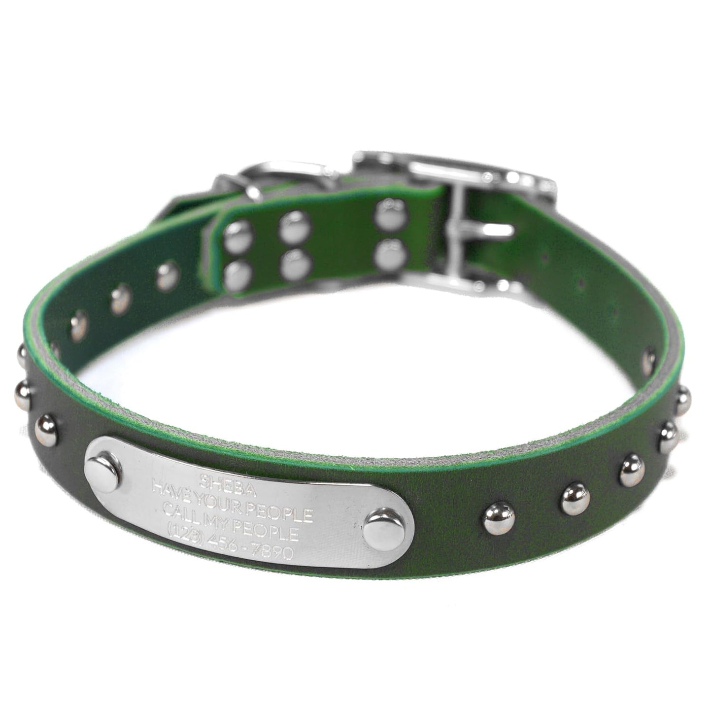 Handmade Studded Leather Dog Collar with Stainless Steel Nameplate
