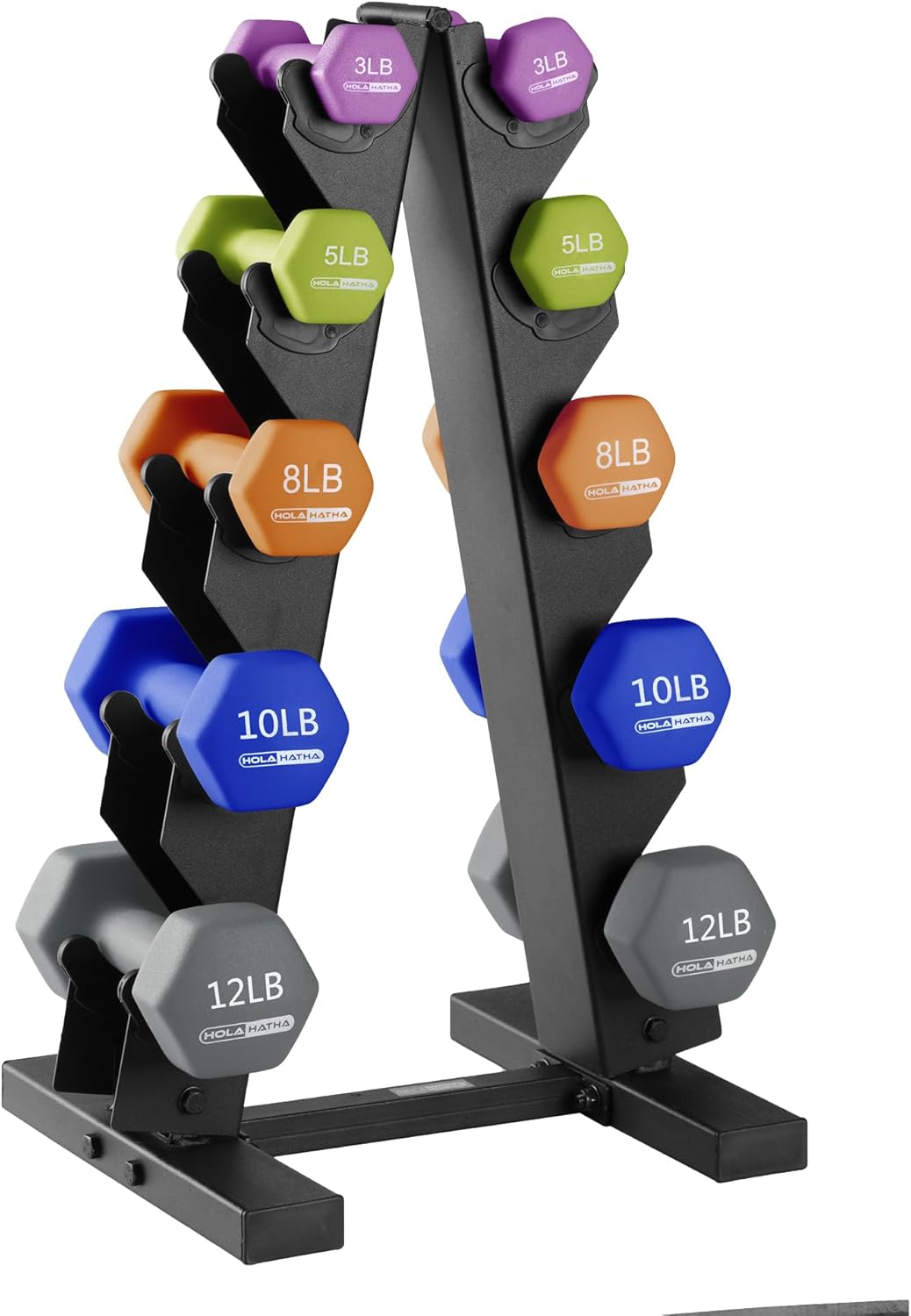 HolaHatha Neoprene Dumbbell Weight Set with Compact Rack