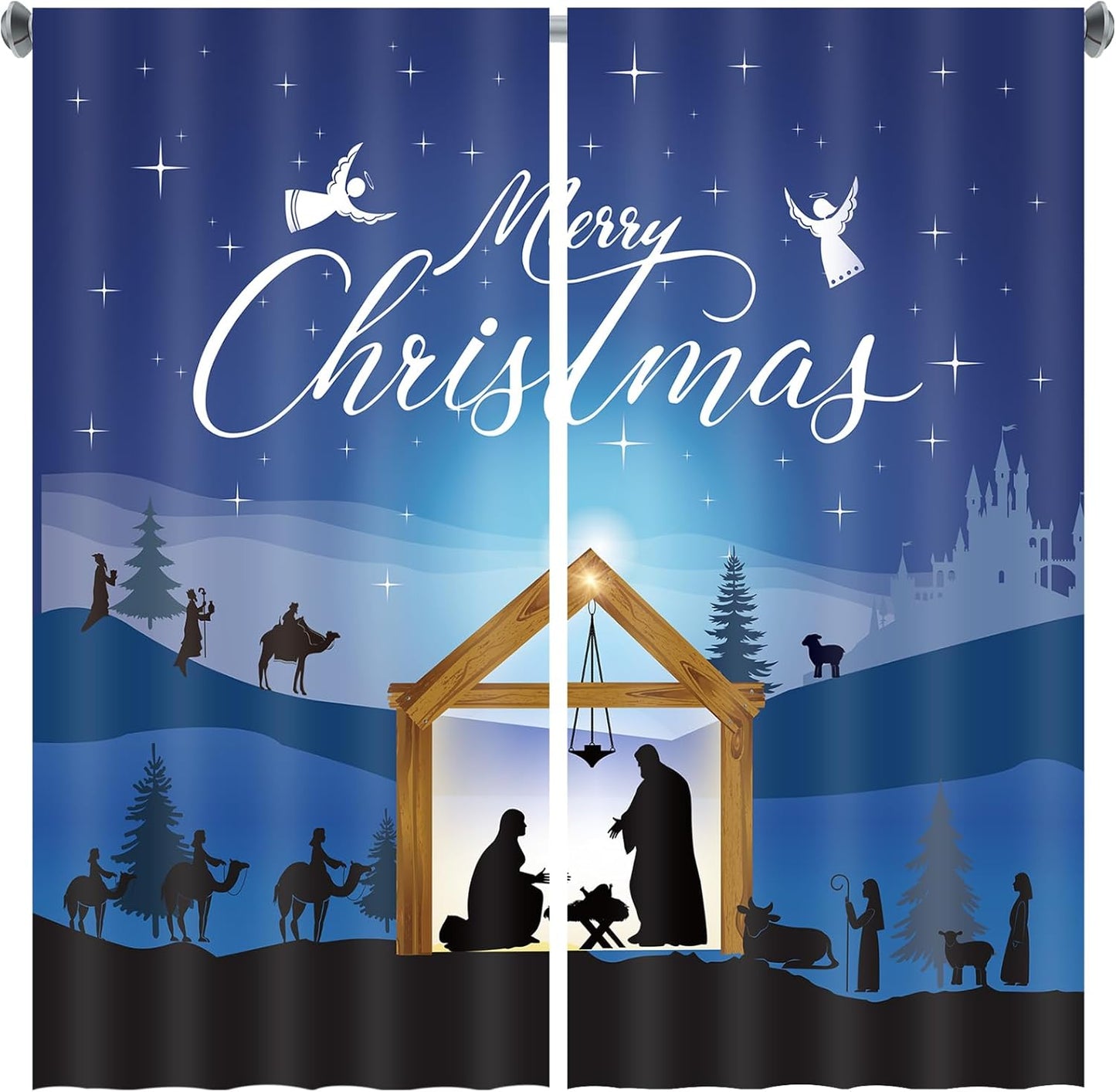 Large Merry Christmas Nativity Scene Curtains by Preboun