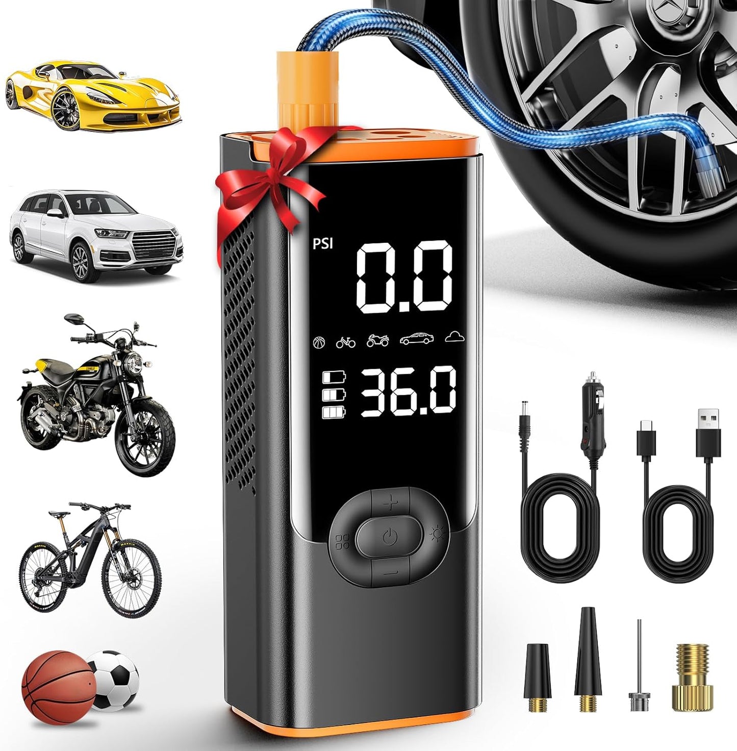 180PSI Portable Tire Inflator with 25000mAh Battery - One-Click Smart Pump