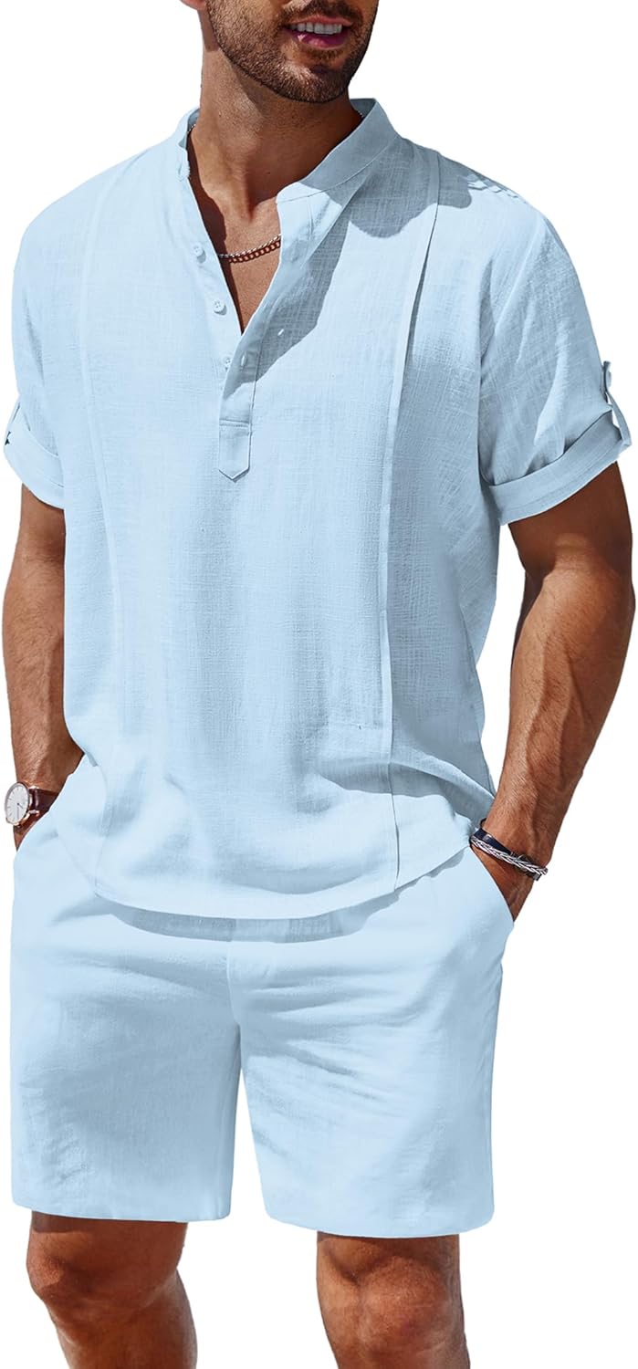 Men's 2 Pieces Linen Set for Summer Beach and Yoga Outfits