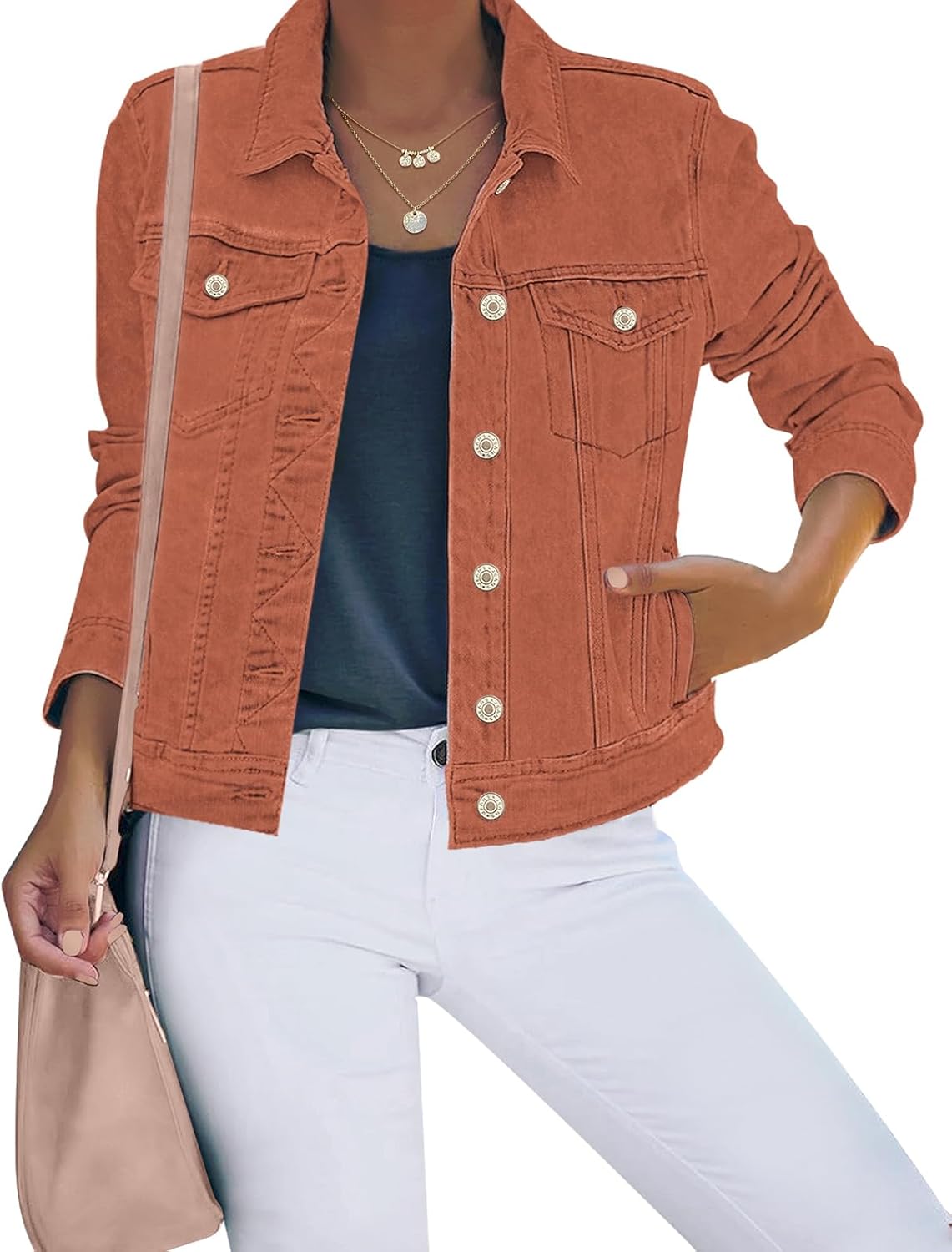 Luvamia Women's Basic Button Down Stretch Fitted Denim Jacket