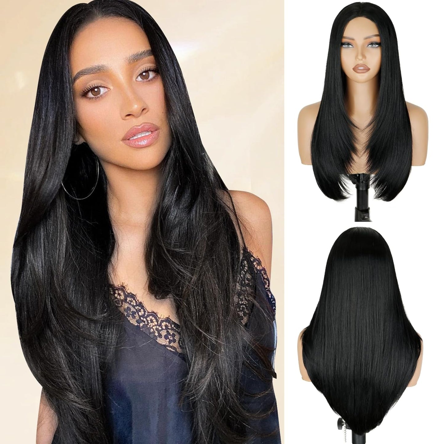 Black Long Straight Layered Lace Front Wig for Women 26 Inch