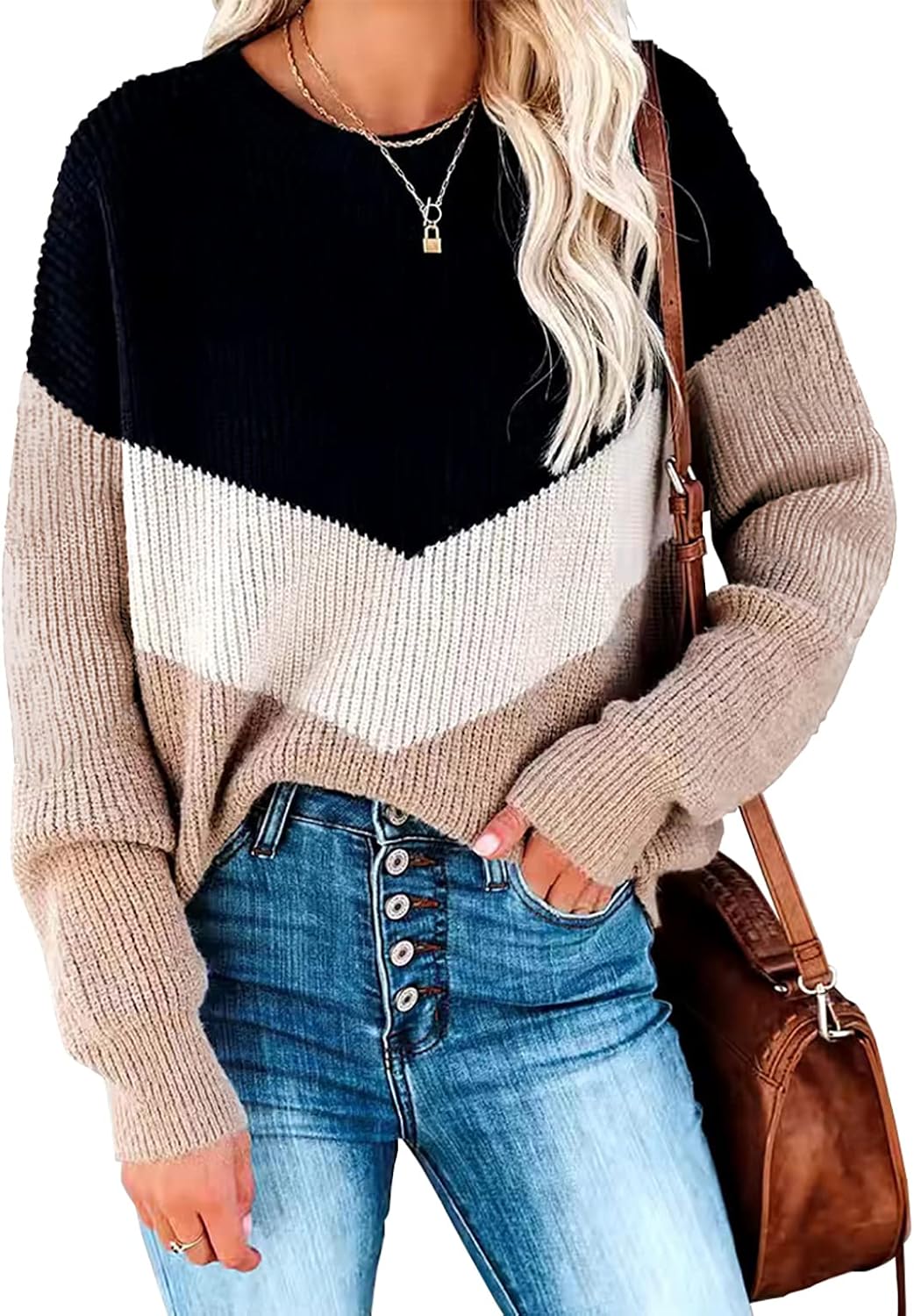 Necooer Womens Color Block Pullover Sweater for Casual Wear