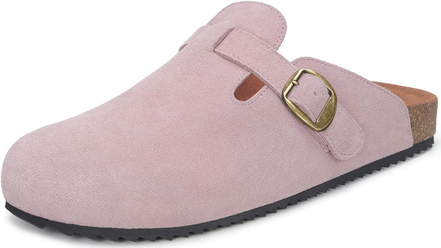 Womens Suede Clogs with Arch Support and Cork Footbed Sandals