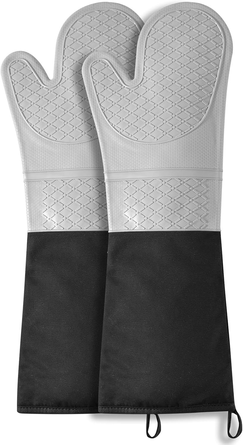 Long Silicone Oven Mitts - Non-Slip Heat Resistant Gloves - BBQ Baking Cooking Grilling - 20 Inch Grey