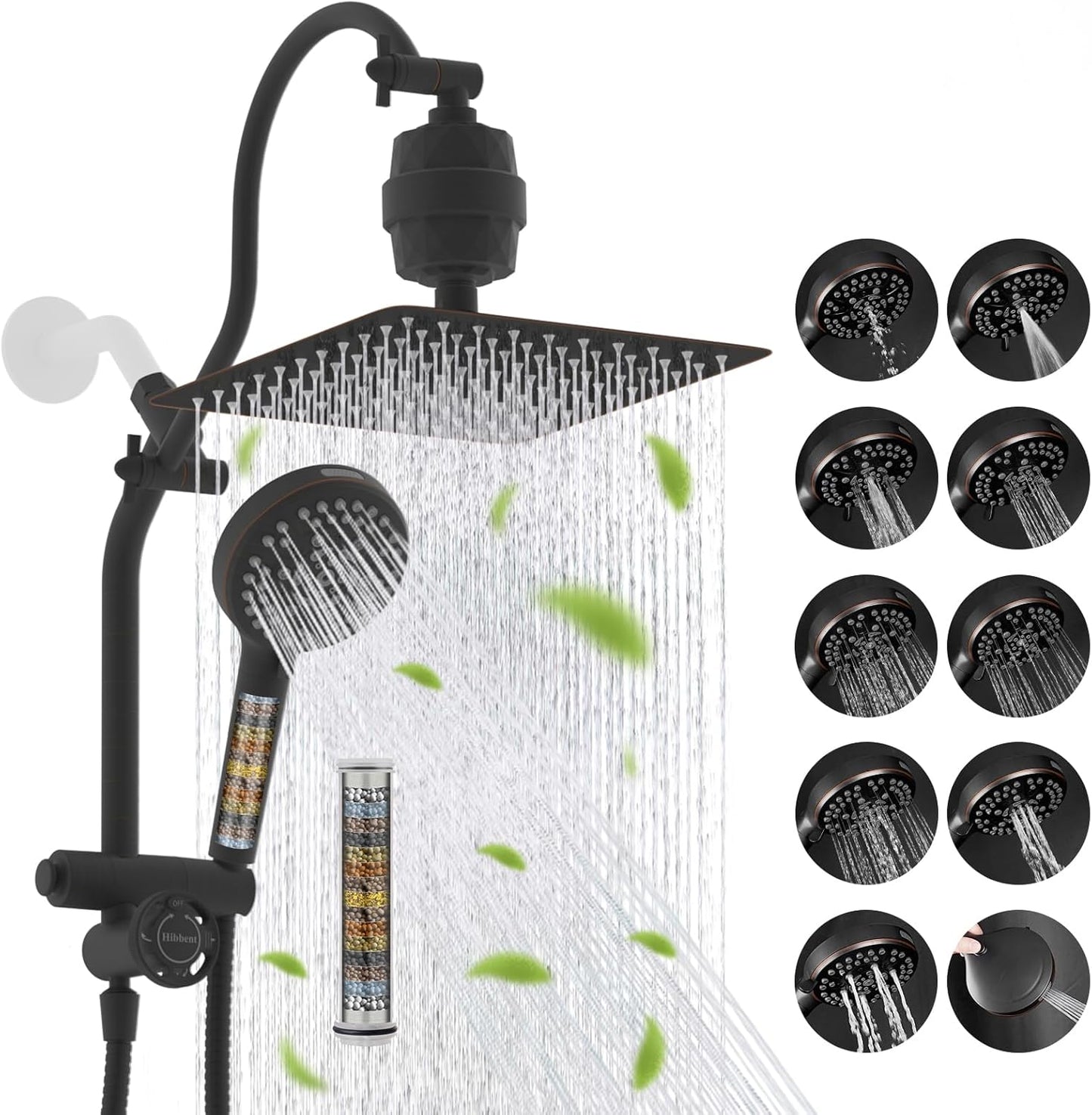 Hibbent Dual Filter All Metal 10in Rainfall Showerhead Combo