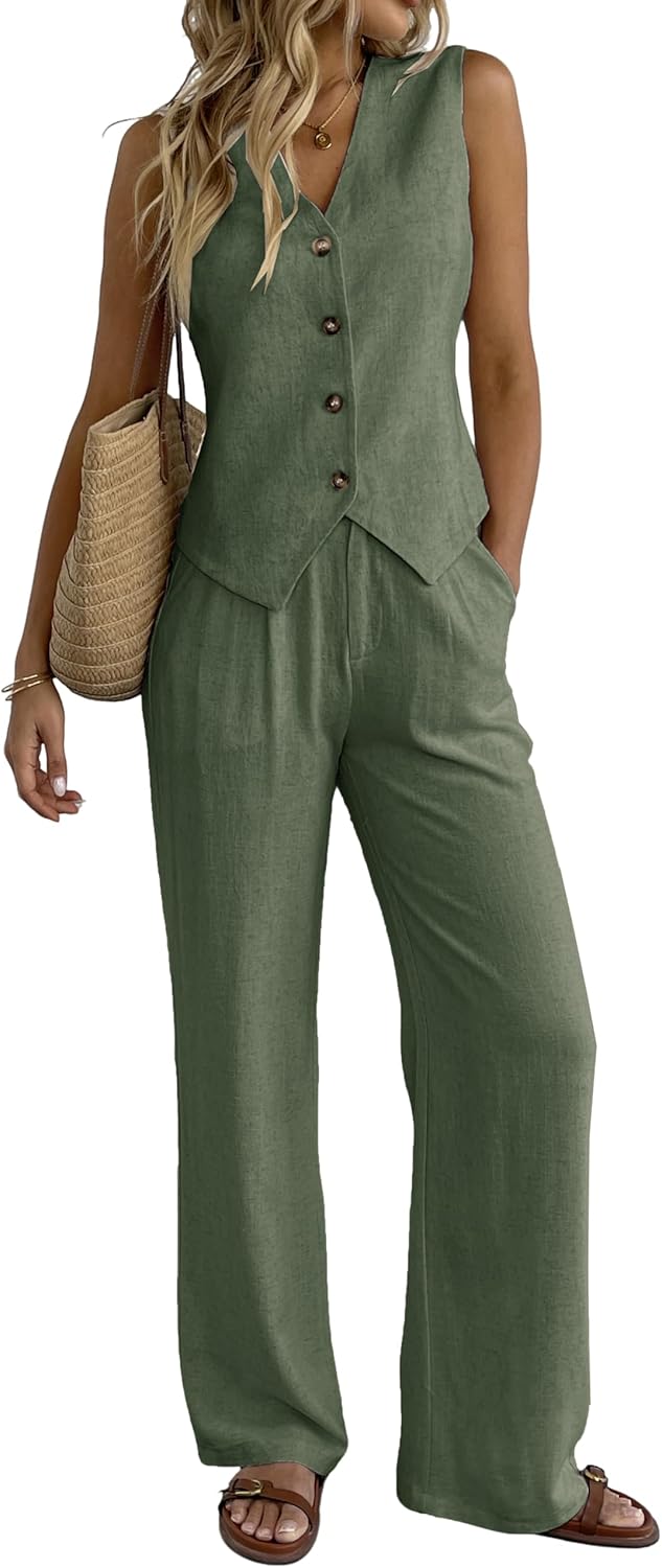 Stylish Women's 2 Piece Outfits Linen Vest and Wide Leg Pants