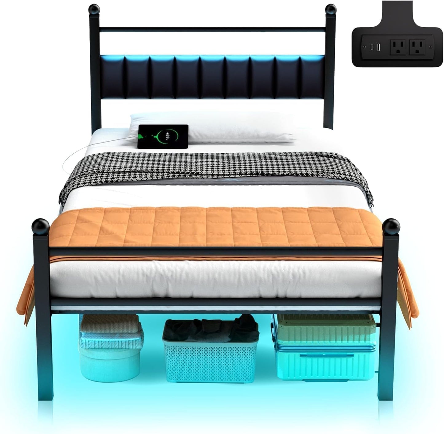 Twin Bed Frame with LED Lights & Charging Station for Comfort