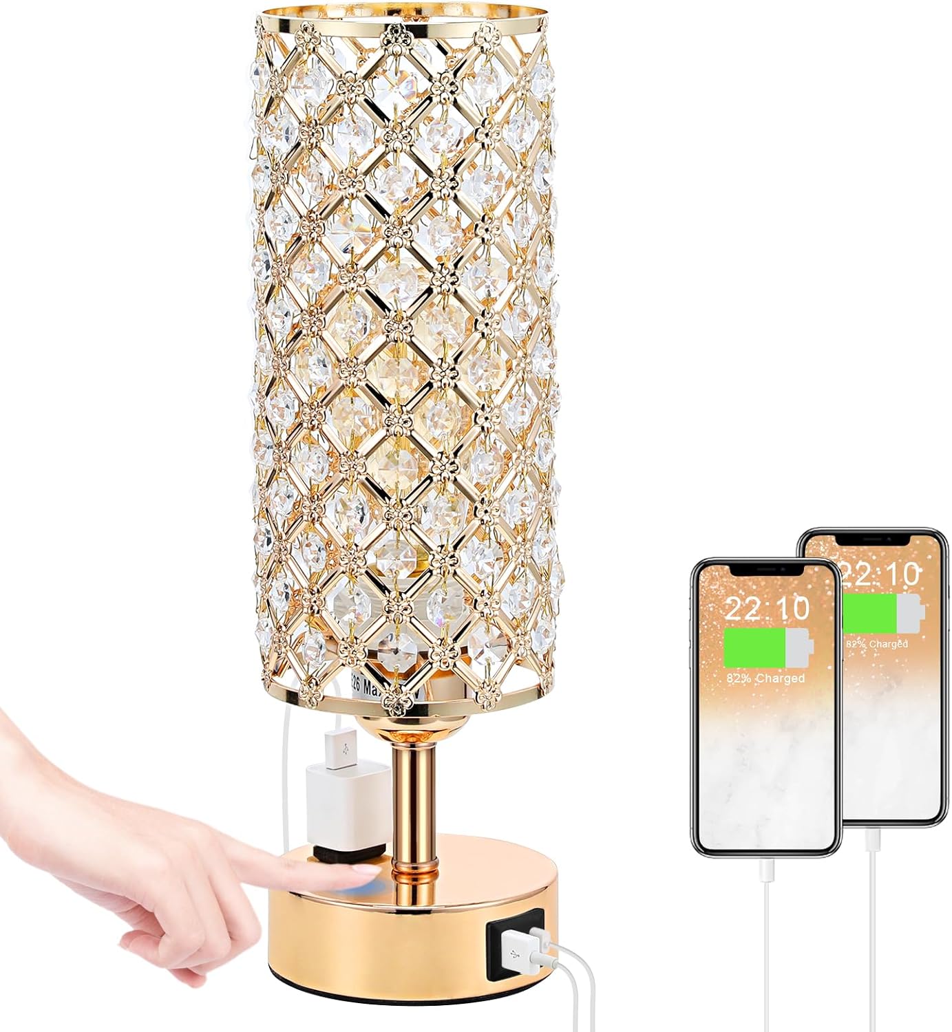 Modern Crystal Table Lamp with USB Charging Ports for Bedroom