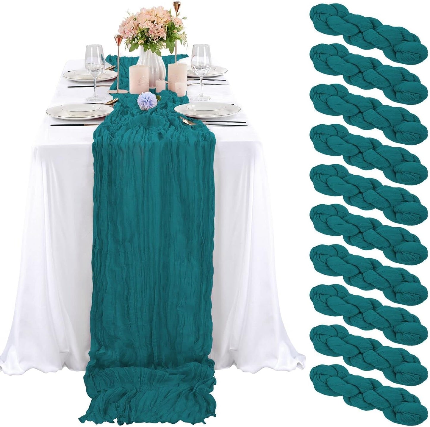 10 Pcs Teal Cheesecloth Table Runner for Rustic Wedding Decor