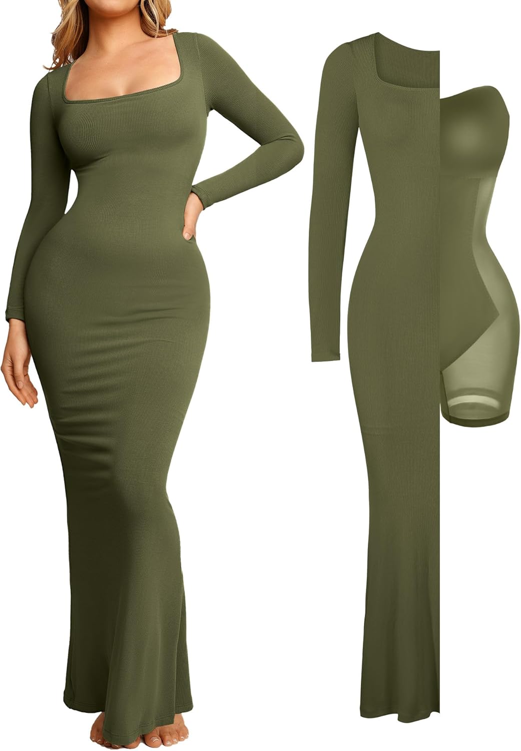 Popilush Women's Long Sleeve Maxi Dress with Built-in Shapewear