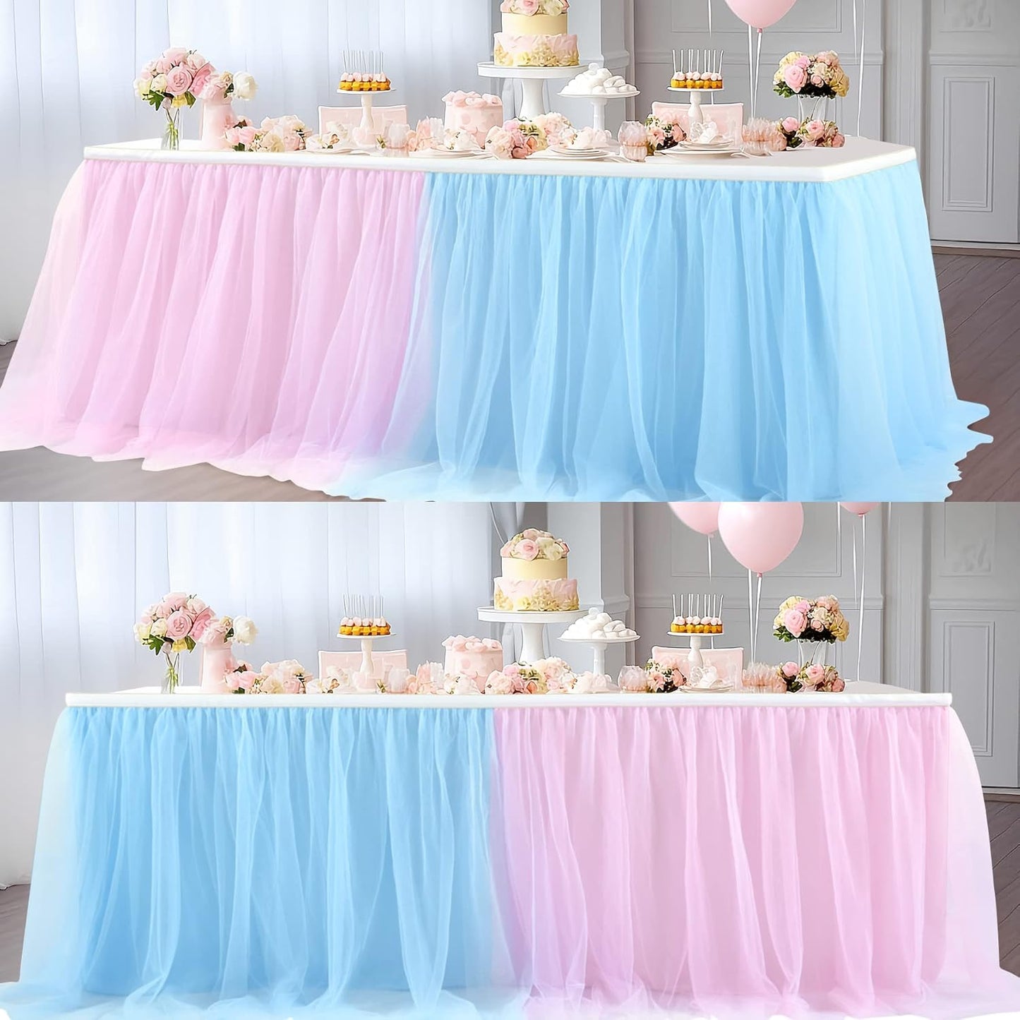 2 Pack 6ft Pink and Blue Tulle Table Skirt for Gender Reveal