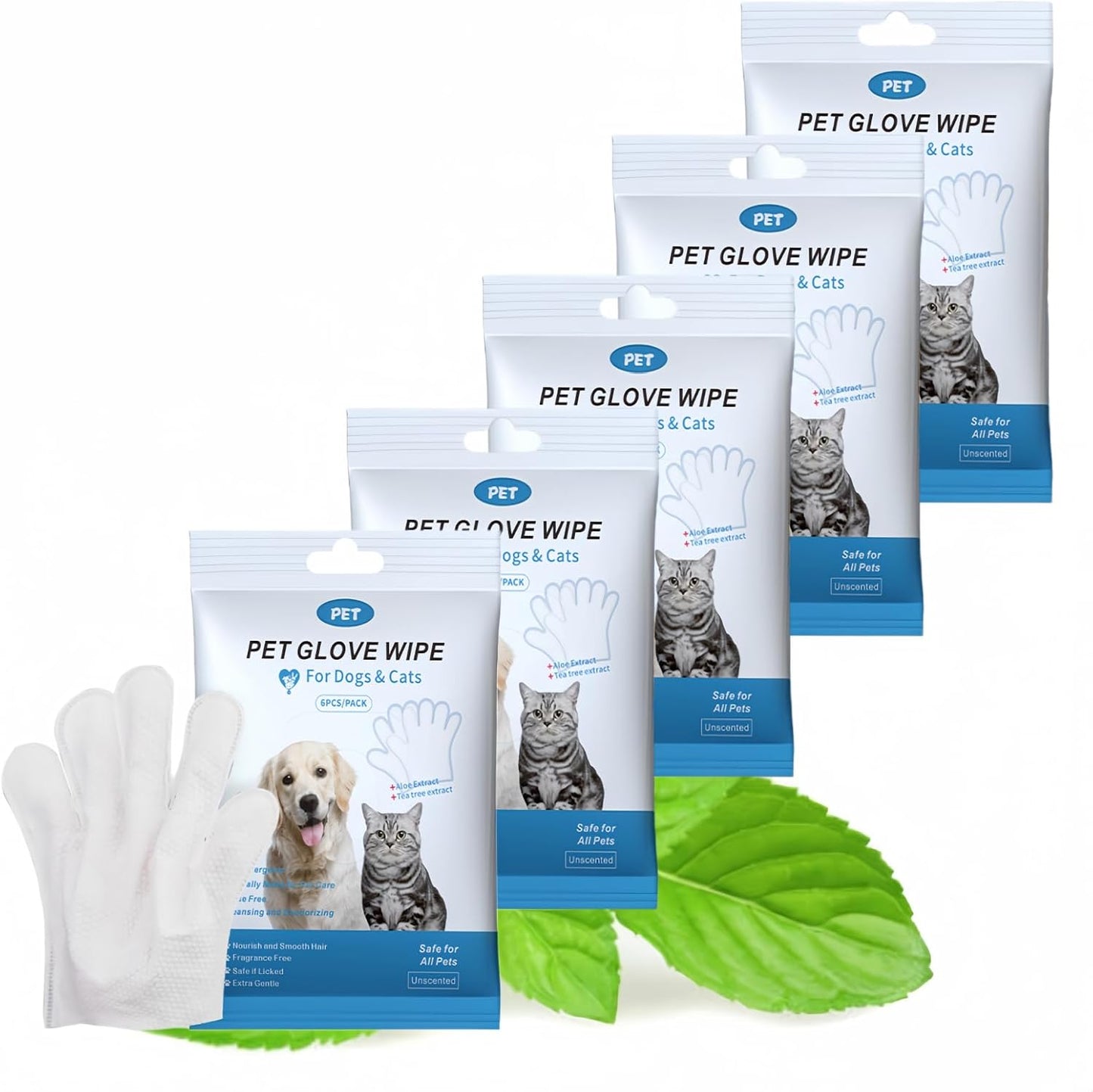 5-Pack Gentle Pet Wash Gloves - Glycerin & Aloe Infused