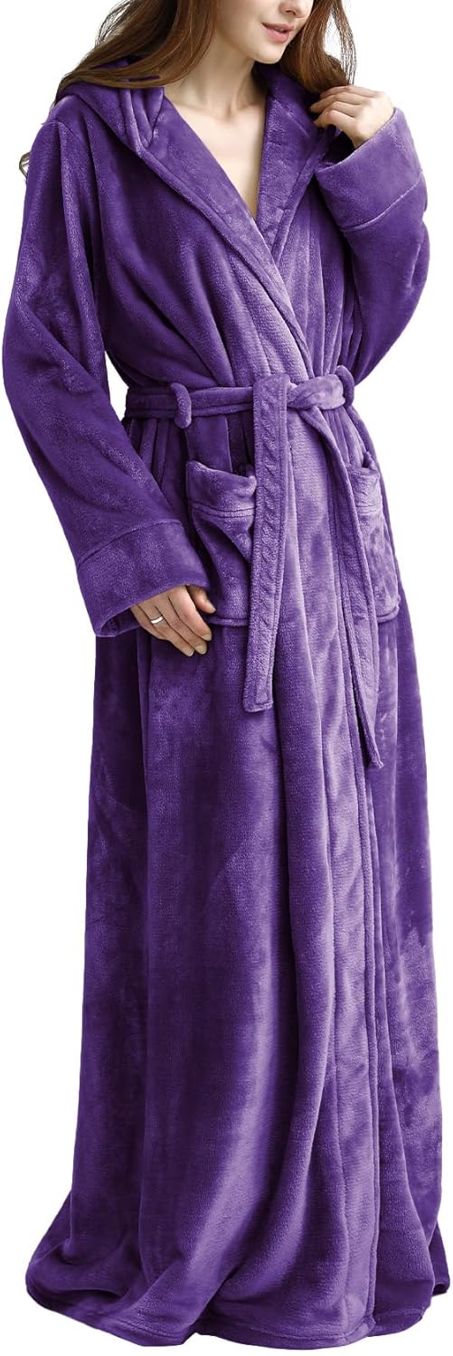 Flygo Womens Fuzzy Plush Long Hooded Robe for Cozy Comfort