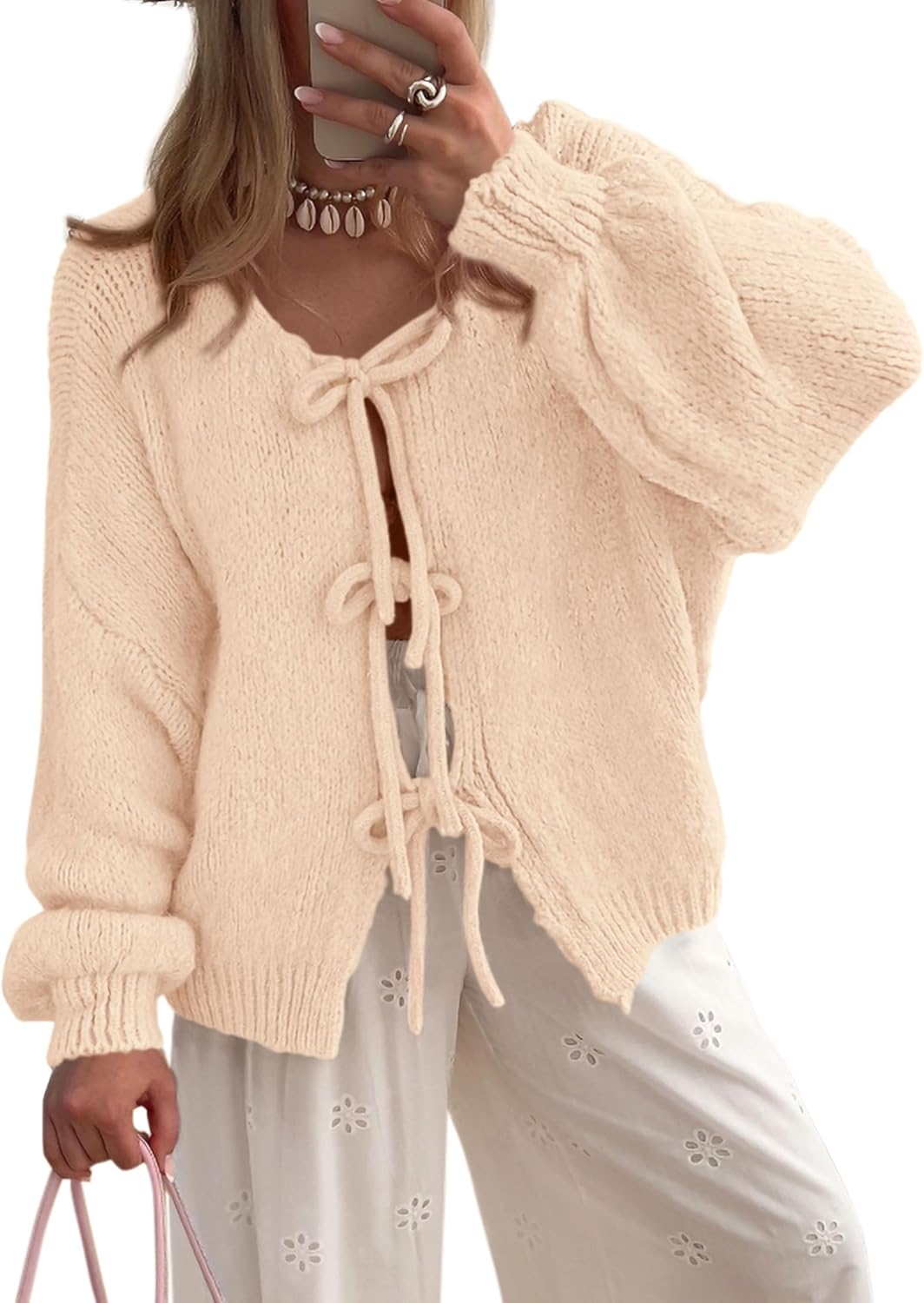 PRETTYGARDEN Women's Tie Front Bow Cardigan Sweaters for Fall