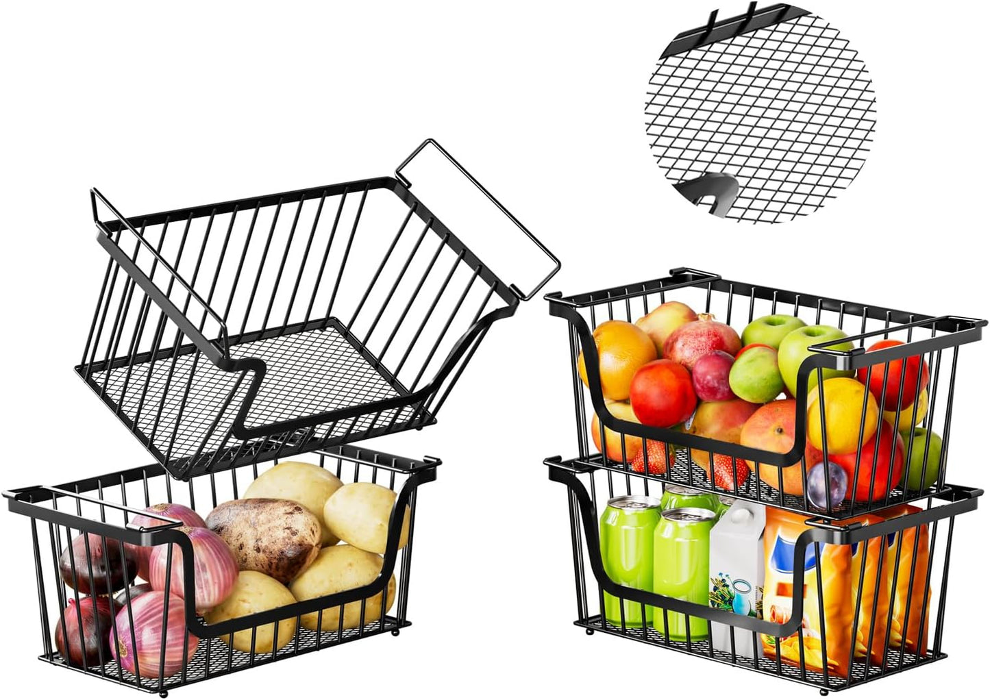 4 Pack Enhanced Leak-Proof Bottom Stackable Wire Baskets for Storage
