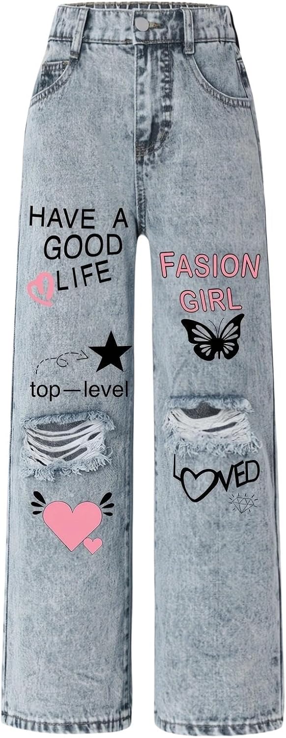 Baggy Jeans for Girls Wide Leg Ripped High Elastic Waisted Denim
