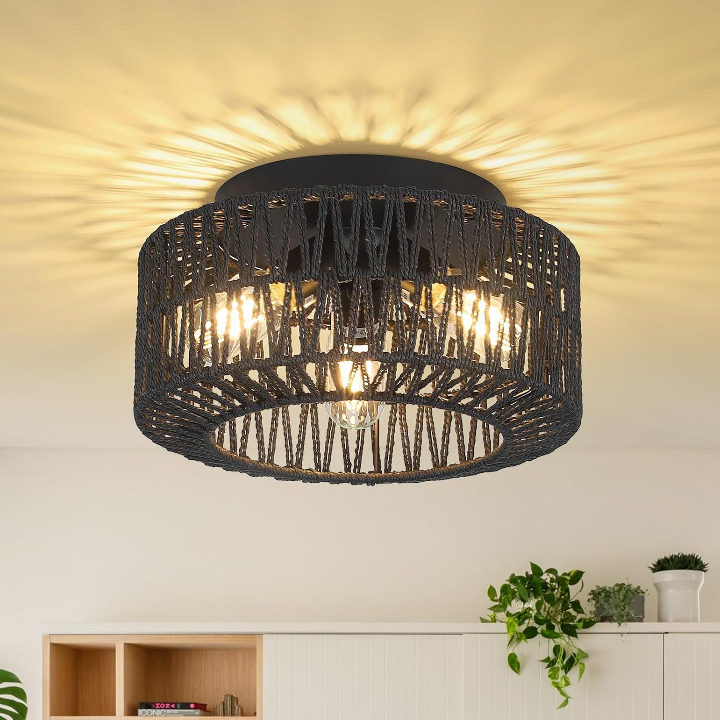 Rattan Light Fixtures: 3-Light Boho Flush Mount for Home