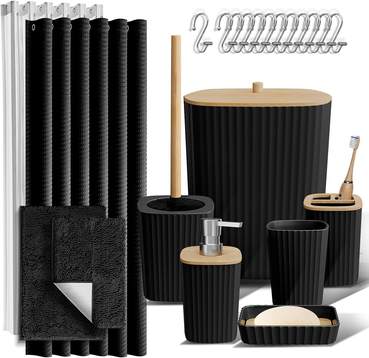 22PC Black Bathroom Set - Complete with Shower Curtain & Rugs by Clara Clark