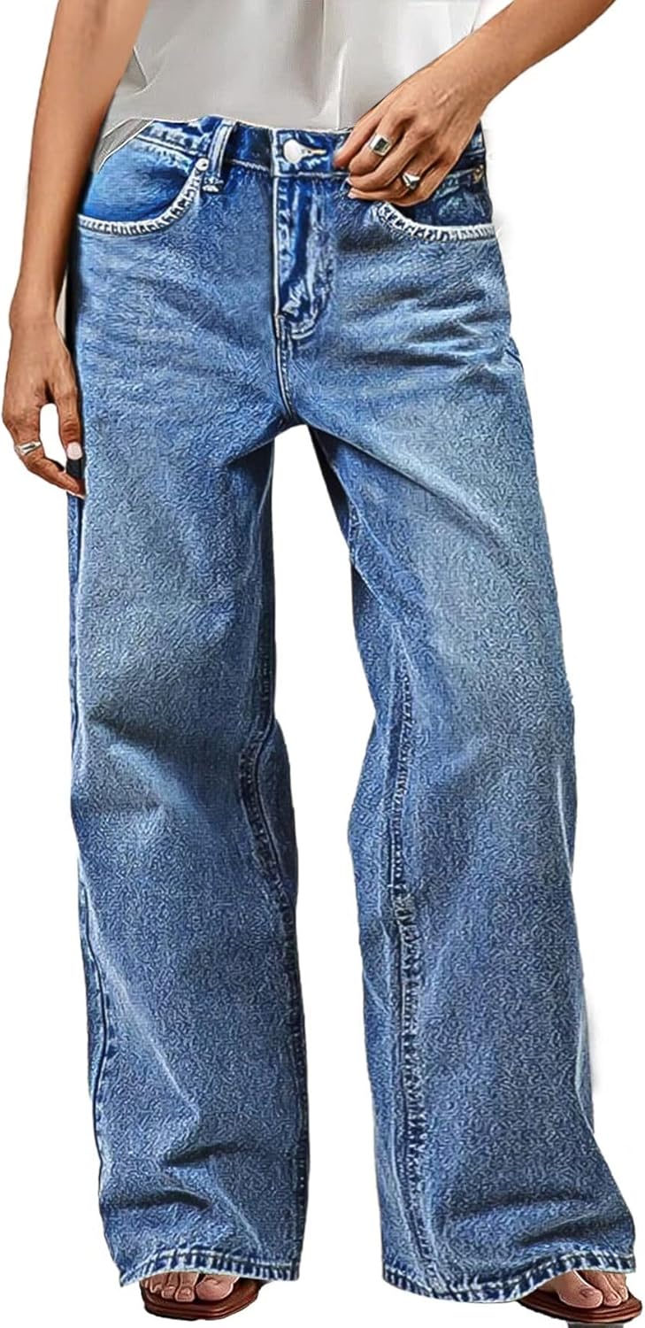 Flamingals Wide Leg Jeans for Women with Stylish Stitch Decor