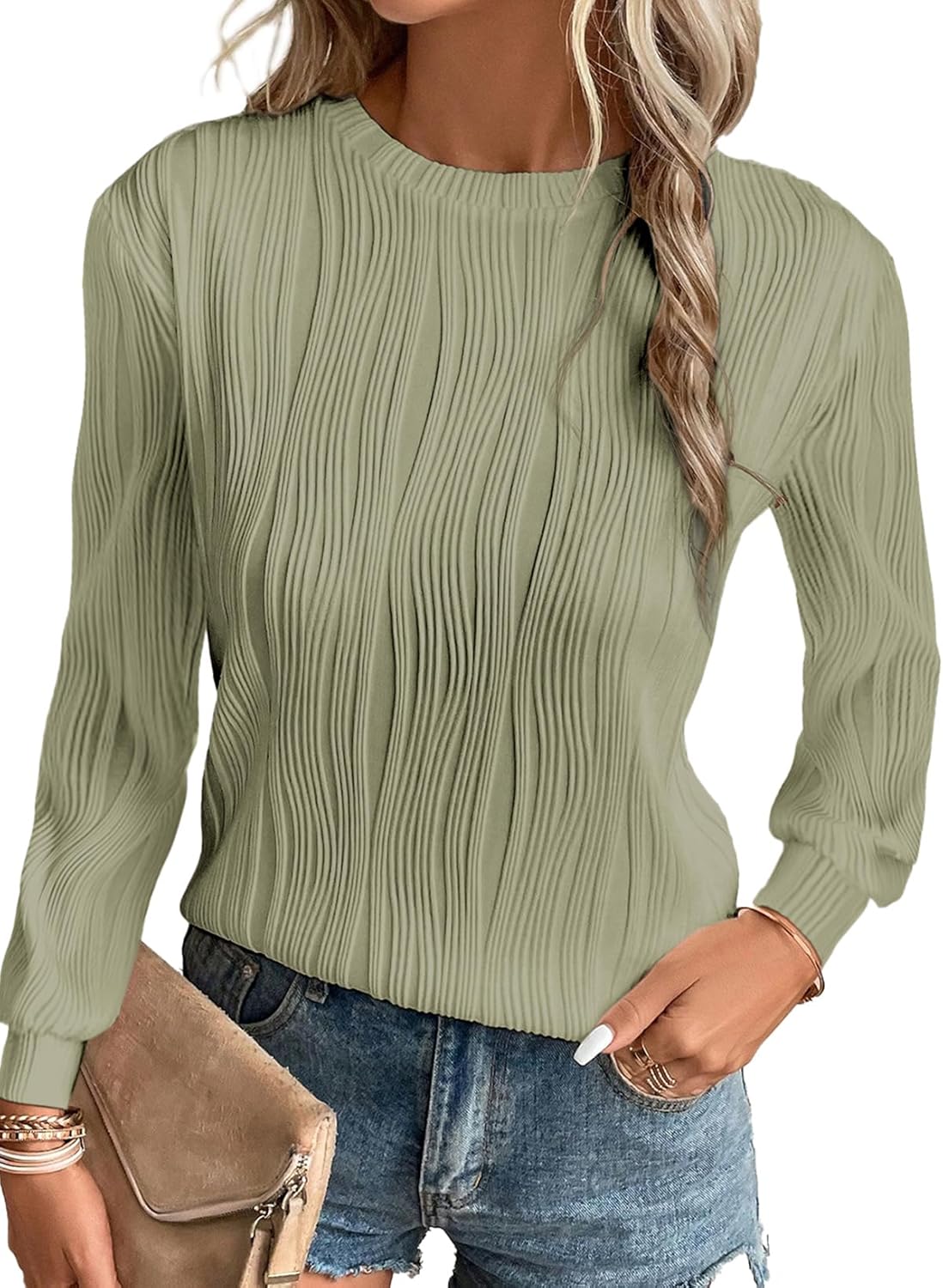 Trendy Dressy Casual Long Sleeve Crewneck Tops for Women