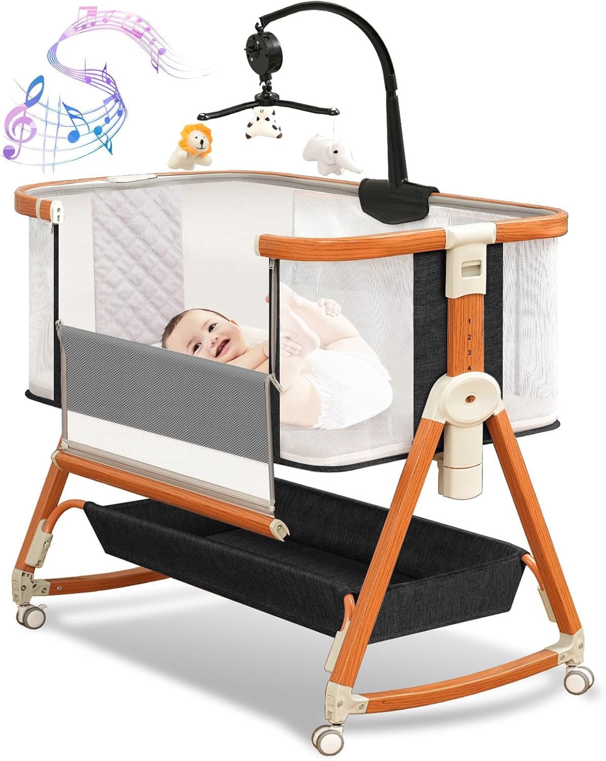 3 in 1 Baby Bassinet Bedside Sleeper with Musical Toy and Wheels