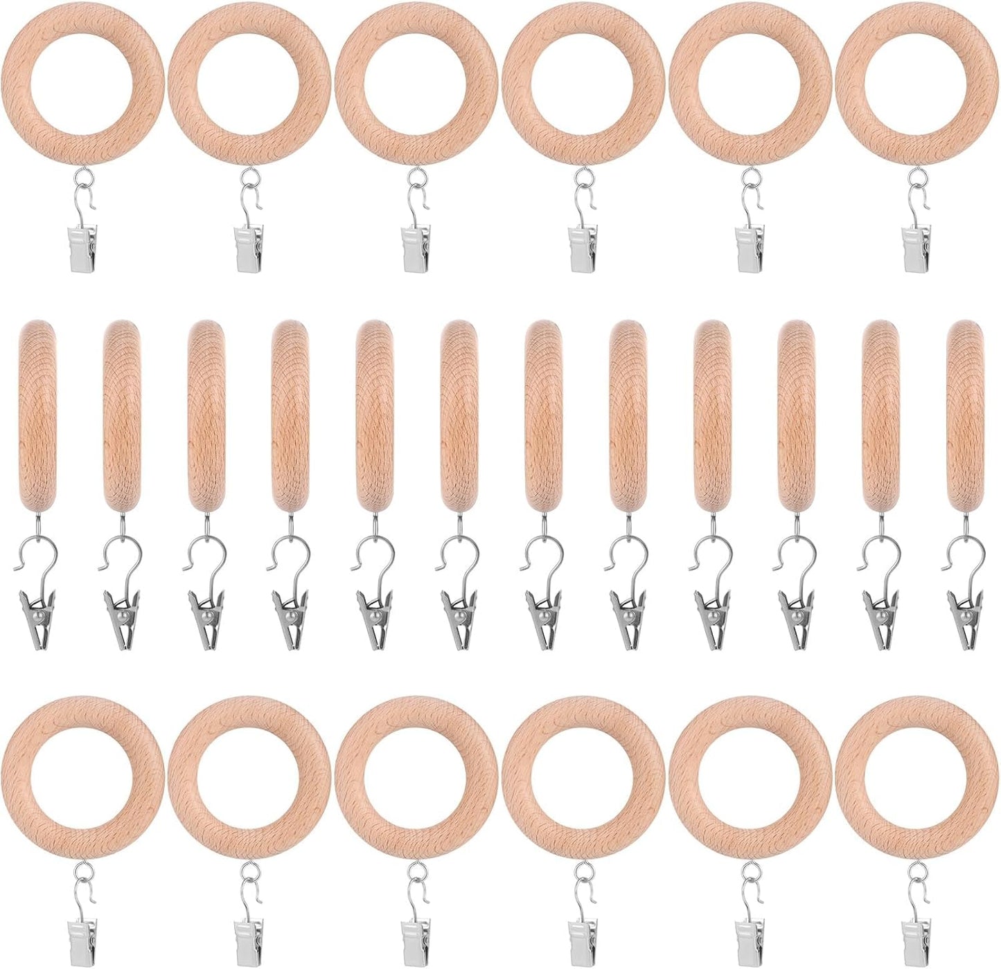 Farmhouse Beech Wood Curtain Rings with Clips - Rustic Charm for Easy Draping