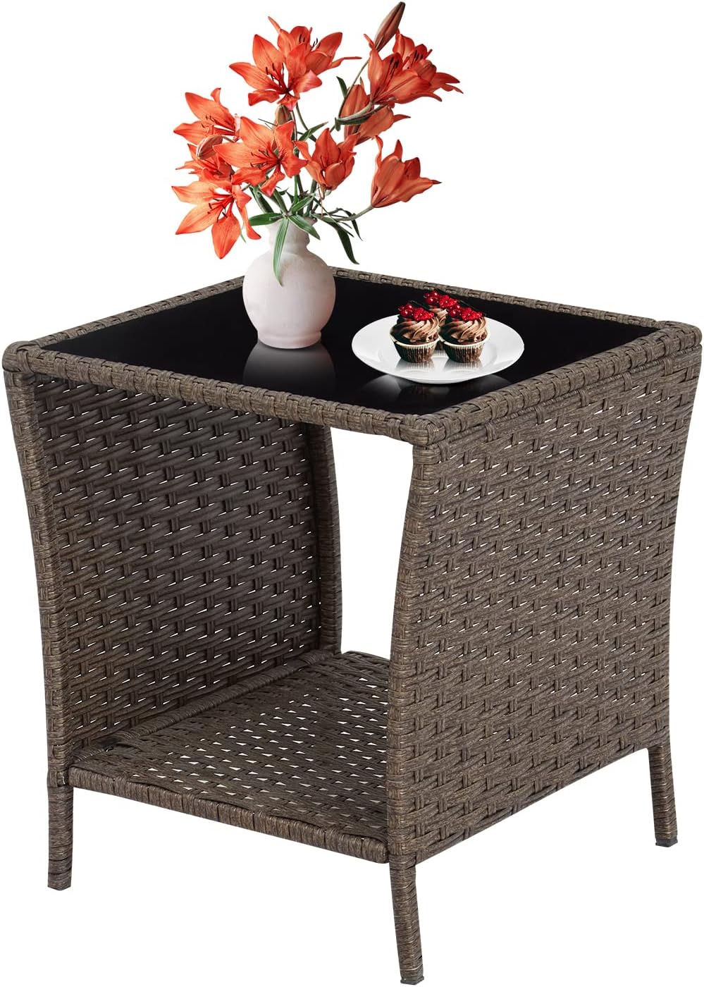 Outdoor Side Table Wicker Rattan End Table for Patio Use