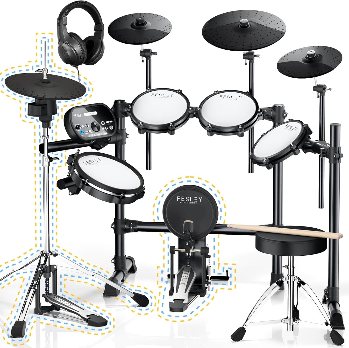 Fesley Electric Drum Set with Mesh Pads and USB MIDI Connection